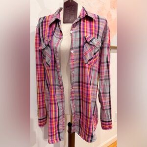 Vintage Nollie Pink and Gray Plaid Button Up Long Sleeve Shirt XL Boyfriend Fit